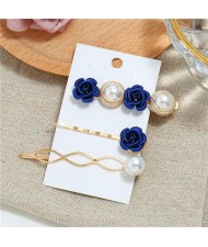 Korean High Fashion Rose and Pearl Style 3pcs Women Hair Barrette and Clip Combo Set - Blue