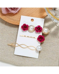 Korean High Fashion Rose and Pearl Style 3pcs Women Hair Barrette and Clip Combo Set - Rose