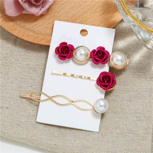 Korean High Fashion Rose and Pearl Style 3pcs Women Hair Barrette and Clip Combo Set - Rose