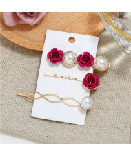 Korean High Fashion Rose and Pearl Style 3pcs Women Hair Barrette and Clip Combo Set - Rose