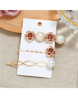 Korean High Fashion Rose and Pearl Style 3pcs Women Hair Barrette and Clip Combo Set - Golden