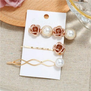 Korean High Fashion Rose and Pearl Style 3pcs Women Hair Barrette and Clip Combo Set - Golden