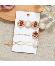 Korean High Fashion Rose and Pearl Style 3pcs Women Hair Barrette and Clip Combo Set - Golden