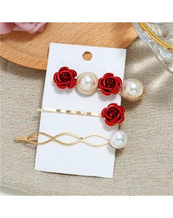 Korean High Fashion Rose and Pearl Style 3pcs Women Hair Barrette and Clip Combo Set - Red
