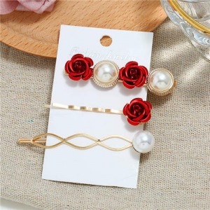 Korean High Fashion Rose and Pearl Style 3pcs Women Hair Barrette and Clip Combo Set - Red