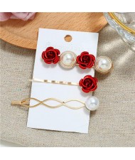 Korean High Fashion Rose and Pearl Style 3pcs Women Hair Barrette and Clip Combo Set - Red