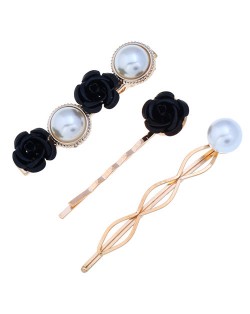 Korean High Fashion Rose and Pearl Style 3pcs Women Hair Barrette and Clip Combo Set - Black
