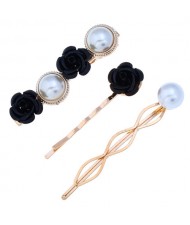 Korean High Fashion Rose and Pearl Style 3pcs Women Hair Barrette and Clip Combo Set - Black