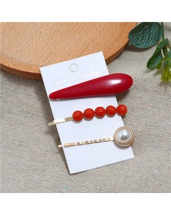 Bar and Pearl Korean Fashion 3pcs Women Hair Barrette and Clip Combo Set - Red