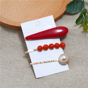 Bar and Pearl Korean Fashion 3pcs Women Hair Barrette and Clip Combo Set - Red