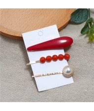 Bar and Pearl Korean Fashion 3pcs Women Hair Barrette and Clip Combo Set - Red