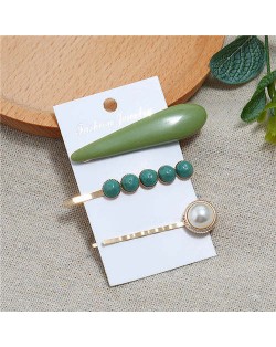 Bar and Pearl Korean Fashion 3pcs Women Hair Barrette and Clip Combo Set - Green