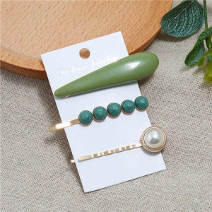 Bar and Pearl Korean Fashion 3pcs Women Hair Barrette and Clip Combo Set - Green