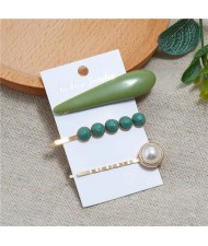 Bar and Pearl Korean Fashion 3pcs Women Hair Barrette and Clip Combo Set - Green