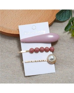 Bar and Pearl Korean Fashion 3pcs Women Hair Barrette and Clip Combo Set - Dark Pink