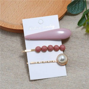 Bar and Pearl Korean Fashion 3pcs Women Hair Barrette and Clip Combo Set - Dark Pink