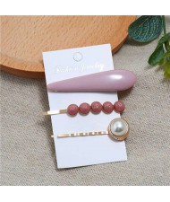 Bar and Pearl Korean Fashion 3pcs Women Hair Barrette and Clip Combo Set - Dark Pink