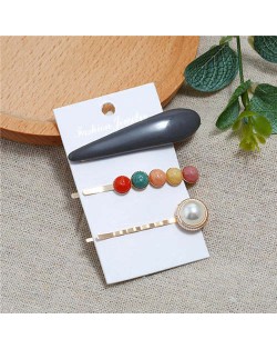 Bar and Pearl Korean Fashion 3pcs Women Hair Barrette and Clip Combo Set - Black