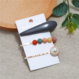 Bar and Pearl Korean Fashion 3pcs Women Hair Barrette and Clip Combo Set - Black