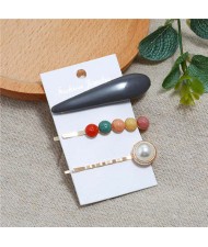 Bar and Pearl Korean Fashion 3pcs Women Hair Barrette and Clip Combo Set - Black