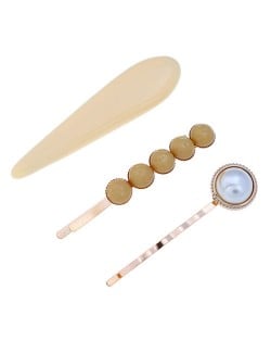 Bar and Pearl Korean Fashion 3pcs Women Hair Barrette and Clip Combo Set - Beige