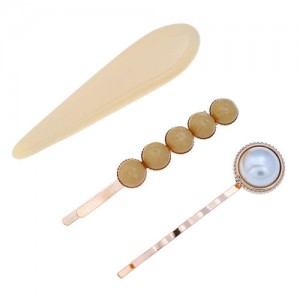 Bar and Pearl Korean Fashion 3pcs Women Hair Barrette and Clip Combo Set - Beige