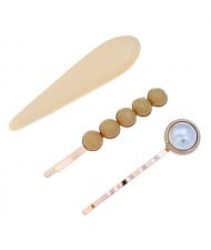 Bar and Pearl Korean Fashion 3pcs Women Hair Barrette and Clip Combo Set - Beige