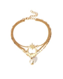 Moon Star and Pearl Pendants Triple Chains High Fashion Women Anklet - Golden