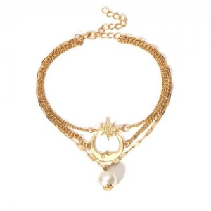 Moon Star and Pearl Pendants Triple Chains High Fashion Women Anklet - Golden