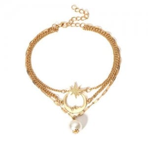 Moon Star and Pearl Pendants Triple Chains High Fashion Women Anklet - Golden