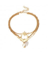 Moon Star and Pearl Pendants Triple Chains High Fashion Women Anklet - Golden