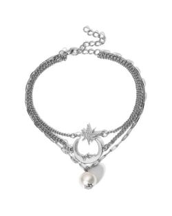 Moon Star and Pearl Pendants Triple Chains High Fashion Women Anklet - Silver