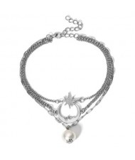 Moon Star and Pearl Pendants Triple Chains High Fashion Women Anklet - Silver
