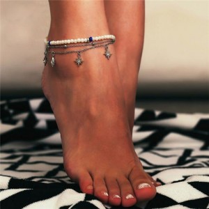 Rhinestone Embellished Stars Pendants Pearl Fashion Women Anklet