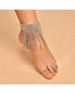 Shining Rhinestone Tassel Design Party Fashion Women Anklet - Golden