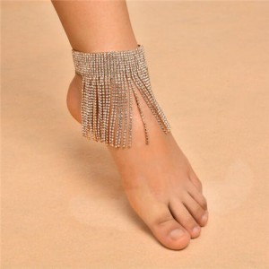 Shining Rhinestone Tassel Design Party Fashion Women Anklet - Golden