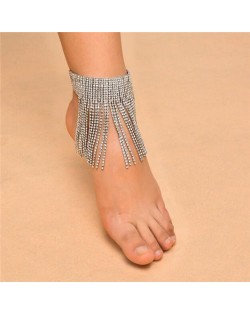 Shining Rhinestone Tassel Design Party Fashion Women Anklet - Silver