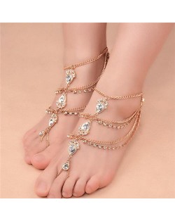 Glistening Waterdrop Rhinestone Embellished Folk Style Women Anklet - Golden