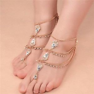 1 Piece Glistening Waterdrop Rhinestone Embellished Folk Style Women Anklet - Golden