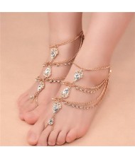 1 Piece Glistening Waterdrop Rhinestone Embellished Folk Style Women Anklet - Golden