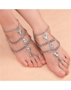 Glistening Waterdrop Rhinestone Embellished Folk Style Women Anklet - Silver