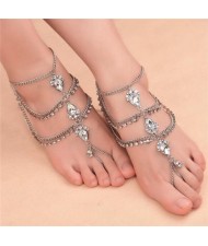 Glistening Waterdrop Rhinestone Embellished Folk Style Women Anklet - Silver