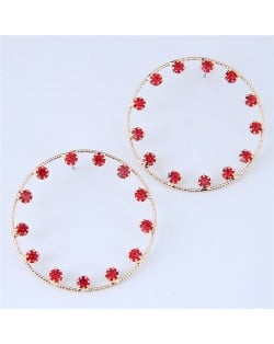 Czech Rhinestone Embellished Hoop Fashion Women Statement Earrings - Red