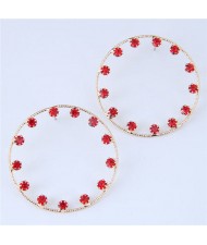 Czech Rhinestone Embellished Hoop Fashion Women Statement Earrings - Red