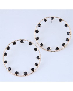 Czech Rhinestone Embellished Hoop Fashion Women Statement Earrings - Black