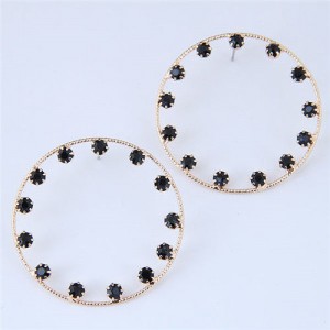 Czech Rhinestone Embellished Hoop Fashion Women Statement Earrings - Black