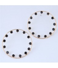 Czech Rhinestone Embellished Hoop Fashion Women Statement Earrings - Black