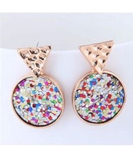 Colorful Paillettes Dangling Round Design High Fashion Costume Earrings
