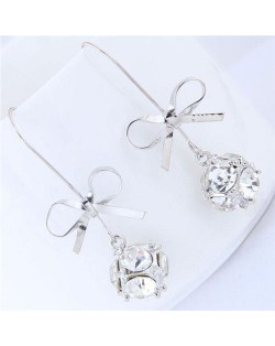 Rhinestone Cube with Bowknot Design High Fashion Women Earrings - Silver