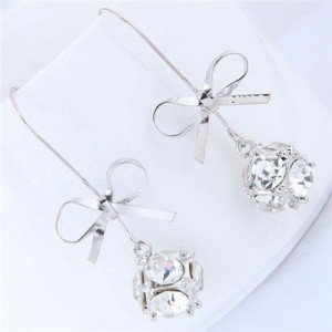 Rhinestone Cube with Bowknot Design High Fashion Women Earrings - Silver